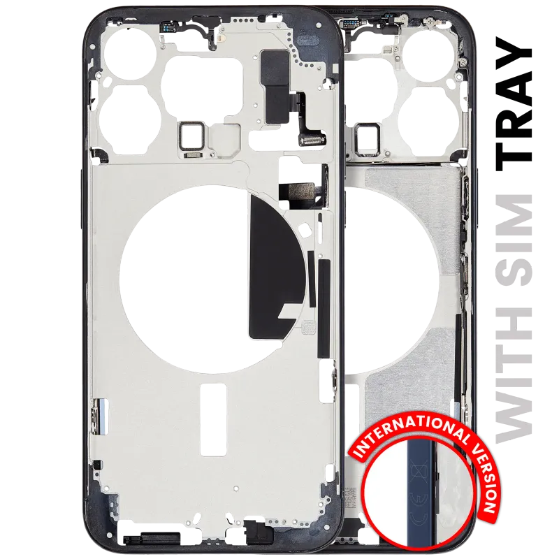 Střední rám (housing) s drobnými díly pro iPhone 15 Pro Max (EU verze) (originál z vyřazeného zařízení, stav C) (modrý titan)