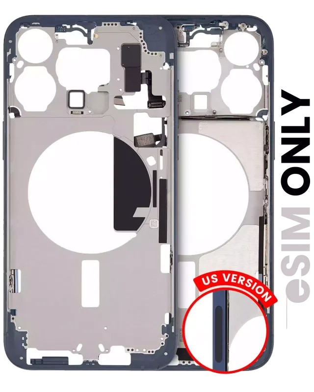 Střední rám (housing) s drobnými díly pro iPhone 15 Pro Max (US verze) (originál z vyřazeného zařízení, stav C) (modrý titan)