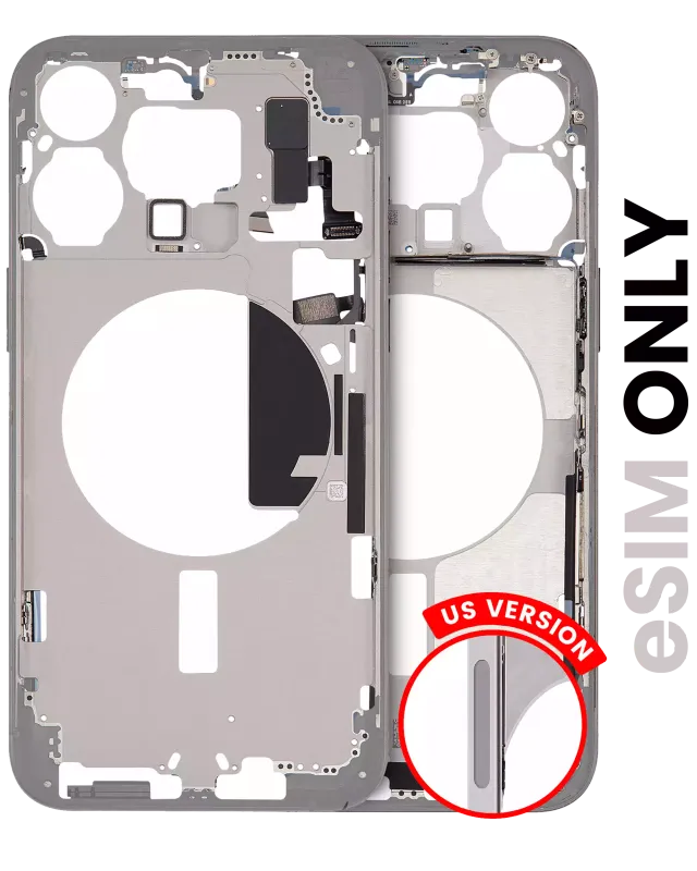 Střední rám (housing) s drobnými díly pro iPhone 15 Pro Max (US verze) (originál z vyřazeného zařízení, stav C) (bílý titan)
