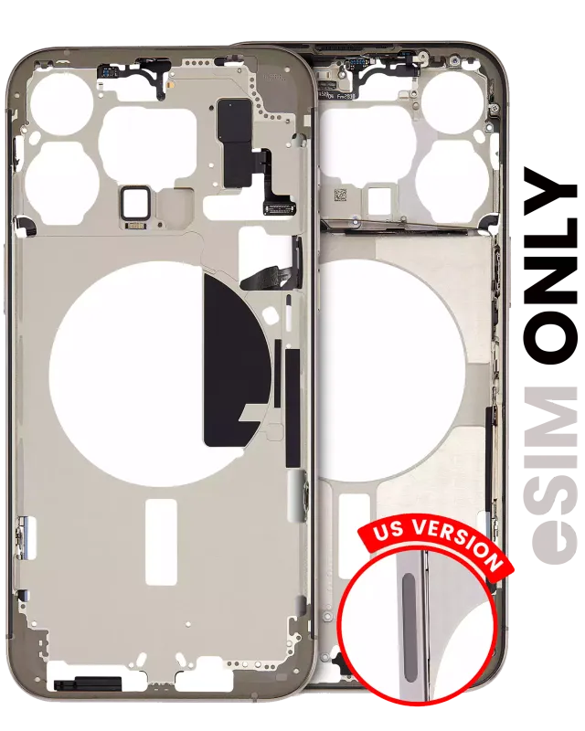 Střední rám (housing) s drobnými díly pro iPhone 15 Pro Max (US verze) (originál z vyřazeného zařízení, stav C) (přírodní titan)