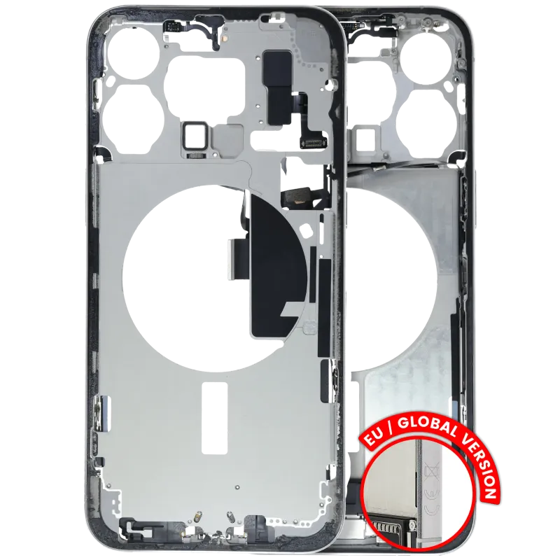 Střední rám (housing) s flexem nabíjecího konektoru a drobnými díly pro iPhone 15 Pro Max (EU verze) (originál z vyřazeného zařízení, stav C) (bílý titan)