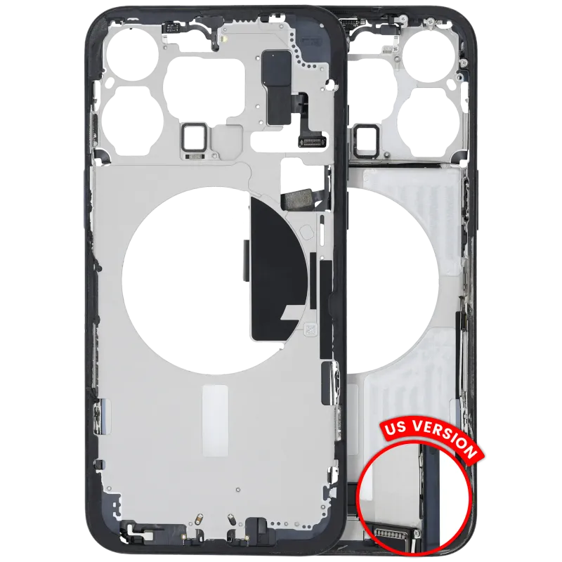 Střední rám (housing) s flexem nabíjecího konektoru a drobnými díly pro iPhone 15 Pro Max (US verze) (originál z vyřazeného zařízení, stav C) (modrý titan)