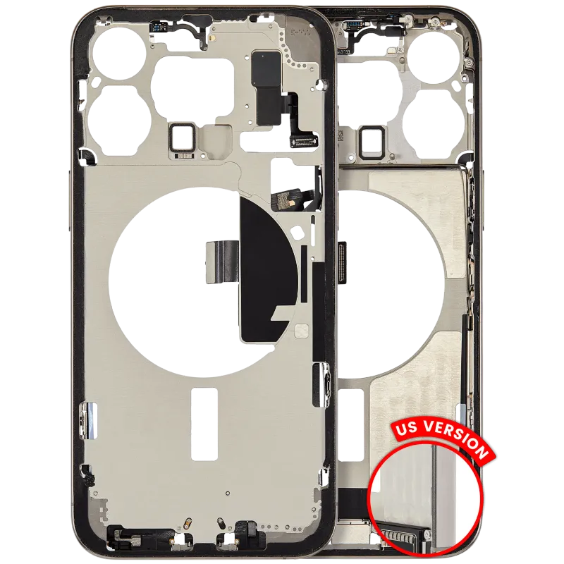 Střední rám (housing) s flexem nabíjecího konektoru a drobnými díly pro iPhone 15 Pro Max (US verze) (originál z vyřazeného zařízení, stav C) (přírodní titan)