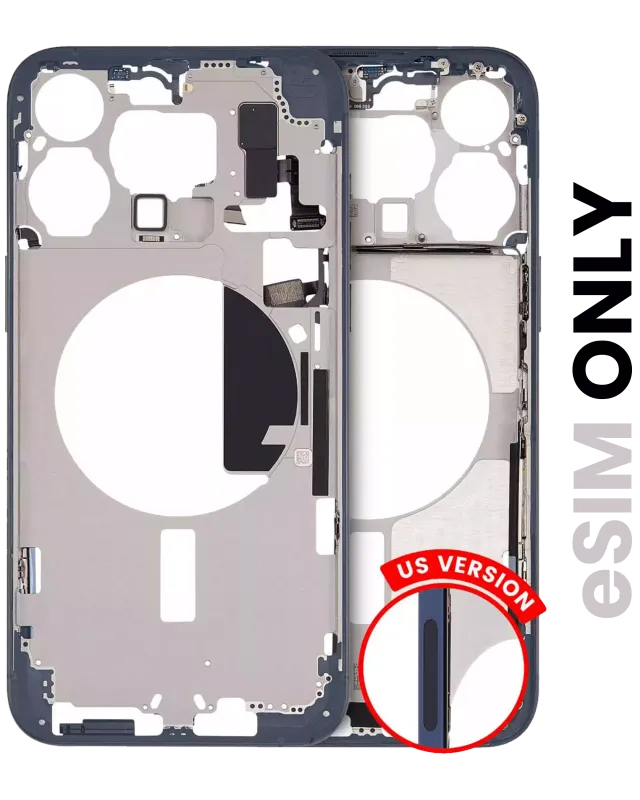 Střední rám (housing) s drobnými díly pro iPhone 15 Pro Max (US verze) (originál z vyřazeného zařízení, stav B) (modrý titan)
