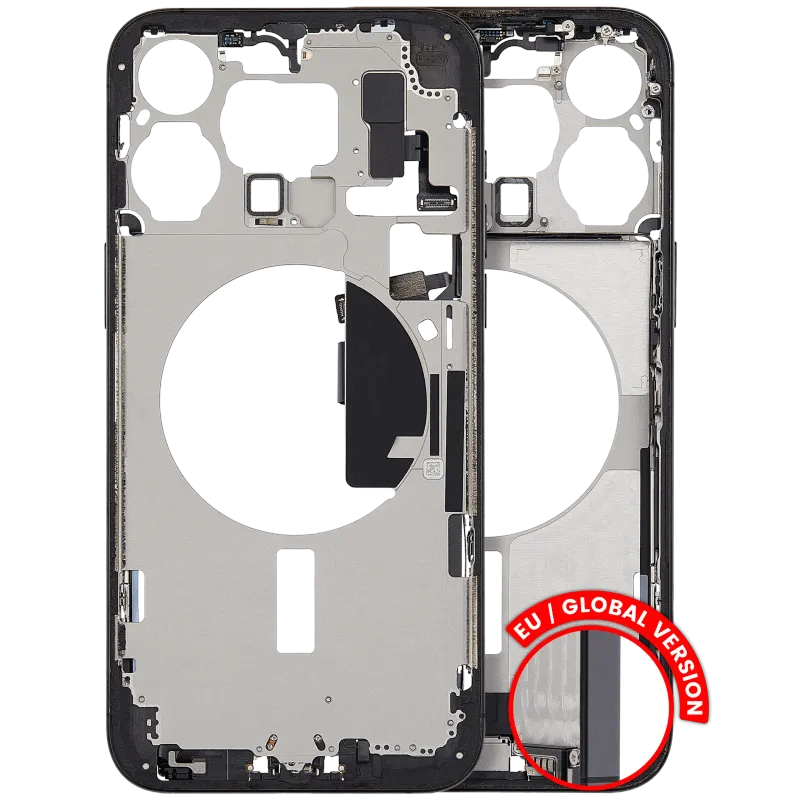 Střední rám (housing) s flexem nabíjecího konektoru a drobnými díly pro iPhone 15 Pro Max (EU verze) (originál z vyřazeného zařízení, stav C) (černý titan)