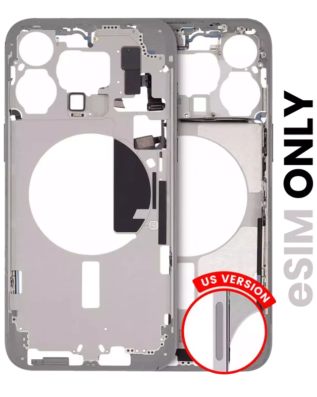 Střední rám (housing) s drobnými díly pro iPhone 15 Pro Max (US verze) (originál z vyřazeného zařízení, stav B) (bílý titan)