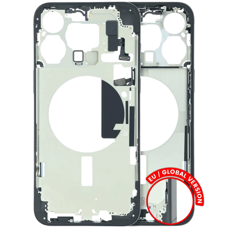Střední rám (housing) s drobnými díly pro iPhone 15 Pro Max (EU verze) (originál z vyřazeného zařízení, stav B) (černý titan)