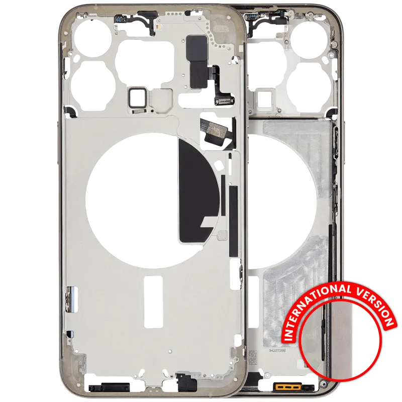 Střední rám (housing) s drobnými díly pro iPhone 15 Pro Max (EU verze) (originál z vyřazeného zařízení, stav B) (přírodní titan)
