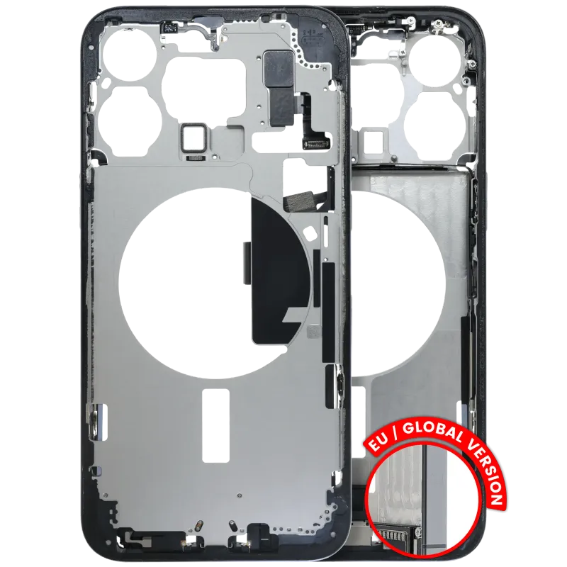 Střední rám (housing) s flexem nabíjecího konektoru a drobnými díly pro iPhone 15 Pro Max (EU verze) (originál z vyřazeného zařízení, stav B) (modrý titan)