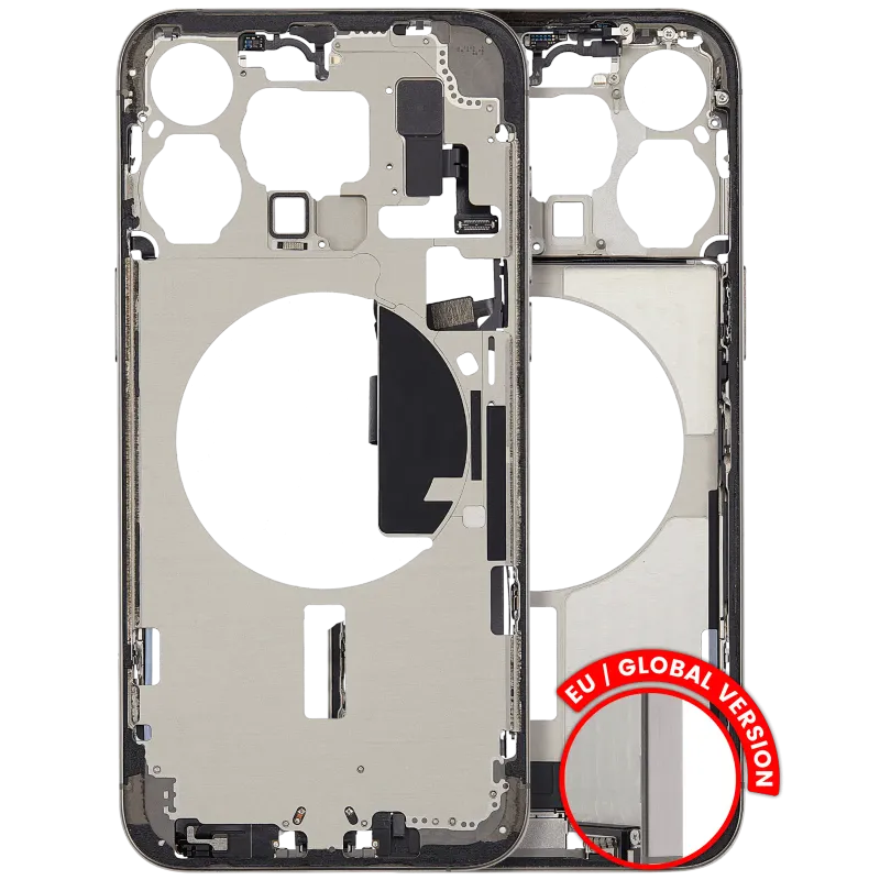 Střední rám (housing) s flexem nabíjecího konektoru a drobnými díly pro iPhone 15 Pro Max (EU verze) (originál z vyřazeného zařízení, stav B) (přírodní titan)