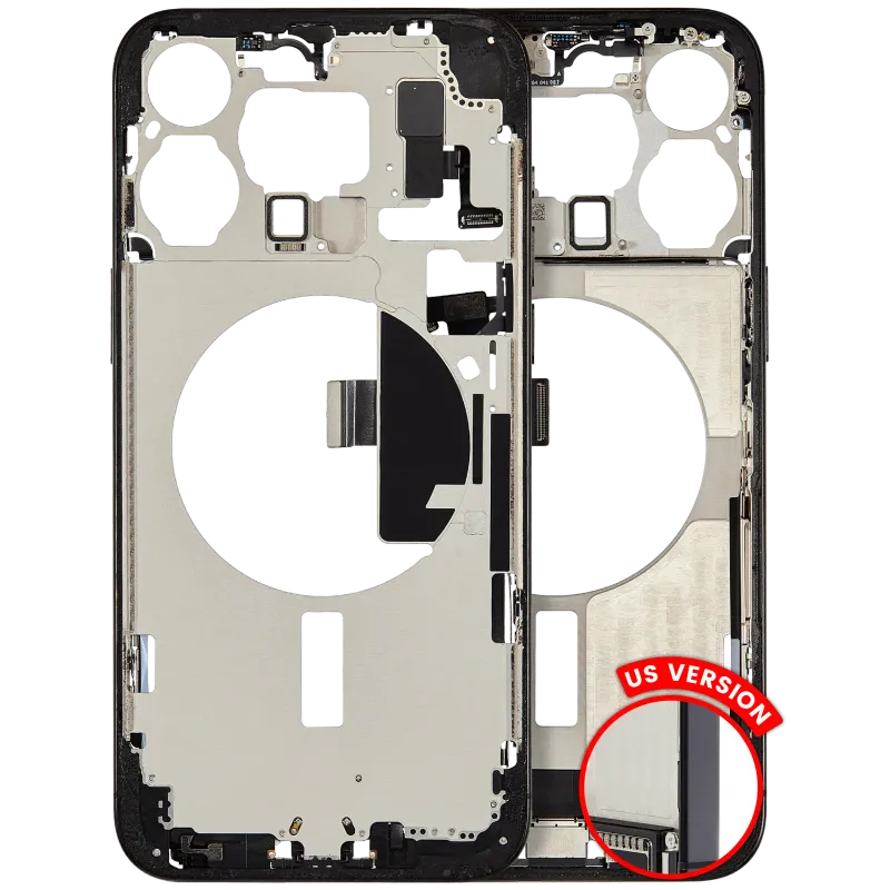 Střední rám (housing) s flexem nabíjecího konektoru a drobnými díly pro iPhone 15 Pro Max (US verze) (originál z vyřazeného zařízení, stav B) (černý titan)