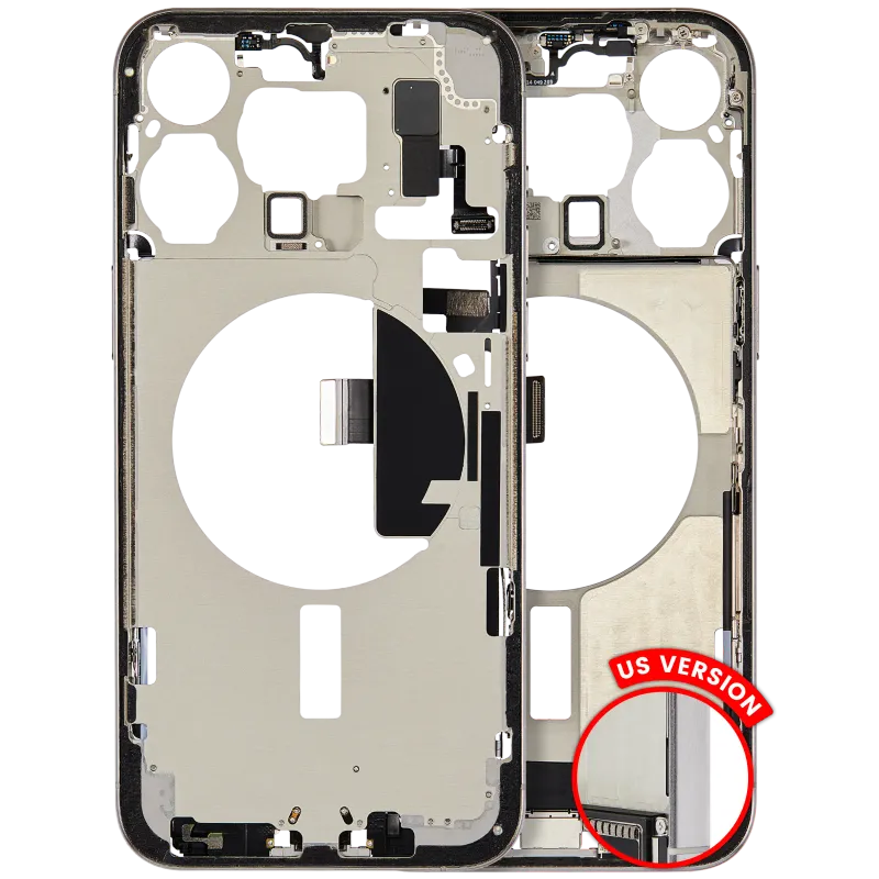 Střední rám (housing) s flexem nabíjecího konektoru a drobnými díly pro iPhone 15 Pro Max (US verze) (originál z vyřazeného zařízení, stav B) (bílý titan)