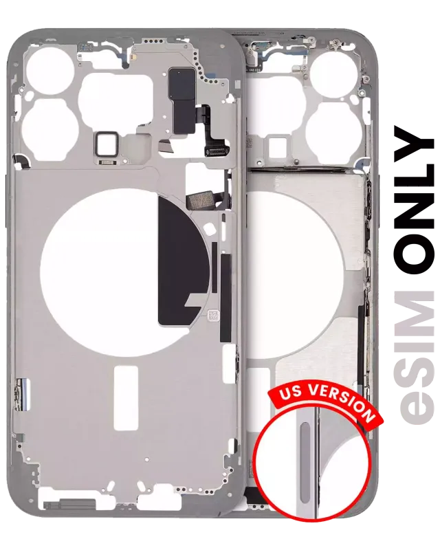 Střední rám (housing) s drobnými díly pro iPhone 15 Pro Max (US verze) (originál z vyřazeného zařízení, stav A) (bílý titan)