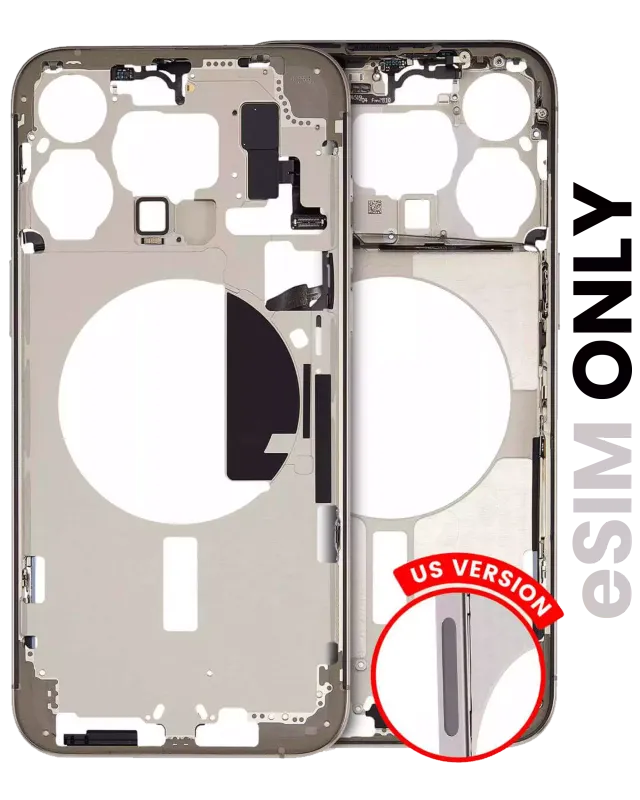 Střední rám (housing) s drobnými díly pro iPhone 15 Pro Max (US verze) (originál z vyřazeného zařízení, stav A) (přírodní titan)