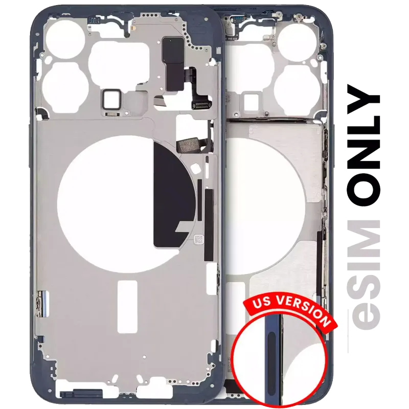 Střední rám (housing) s drobnými díly pro iPhone 15 Pro Max (US verze) (originál z vyřazeného zařízení, stav A) (modrý titan)