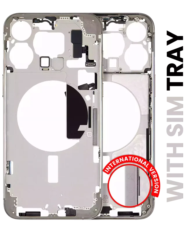 Střední rám (housing) s drobnými díly pro iPhone 15 Pro Max (EU verze) (originál z vyřazeného zařízení, stav A) (přírodní titan)