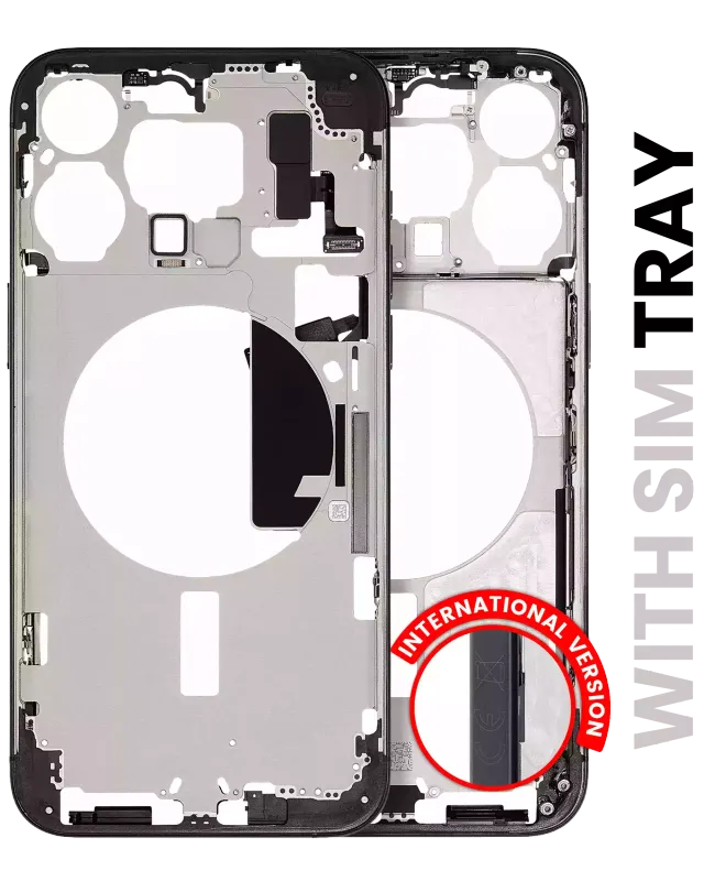 Střední rám (housing) s drobnými díly pro iPhone 15 Pro Max (EU verze) (originál z vyřazeného zařízení, stav A) (černý titan)