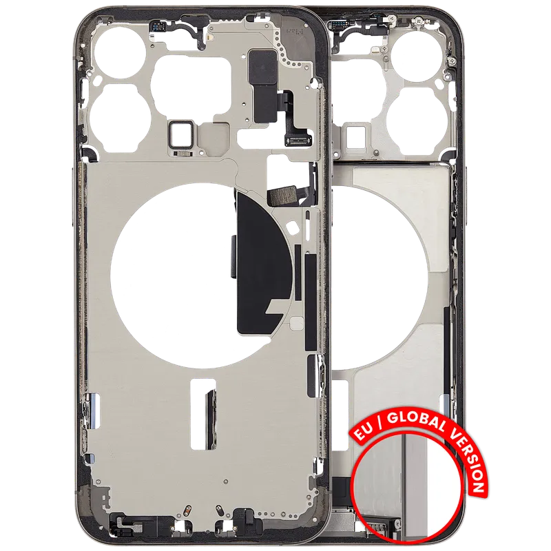Střední rám (housing) s flexem nabíjecího konektoru a drobnými díly pro iPhone 15 Pro Max (EU verze) (originál z vyřazeného zařízení, stav A) (přírodní titan)