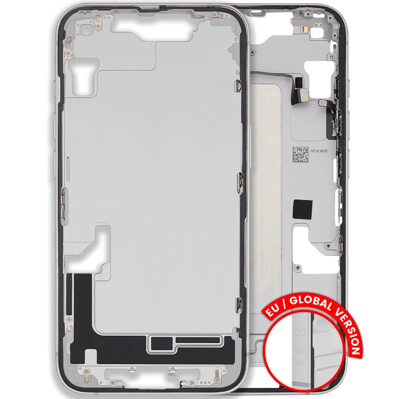 Střední rám (housing) s drobnými díly pro iPhone 16e / 17e (EU verze) (originál z vyřazeného zařízení, stav B) (bílá)