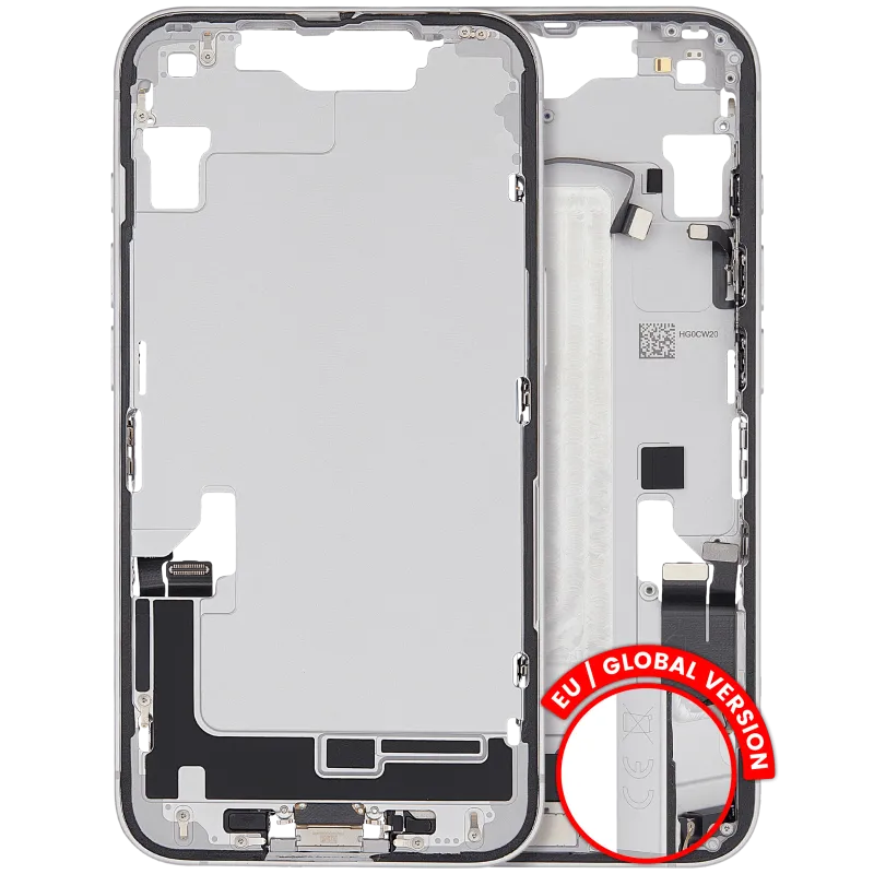 Střední rám (housing) s flexem nabíjecího konektoru a drobnými díly pro iPhone 16e / 17e (EU verze) (originál z vyřazeného zařízení, stav B) (bílá)