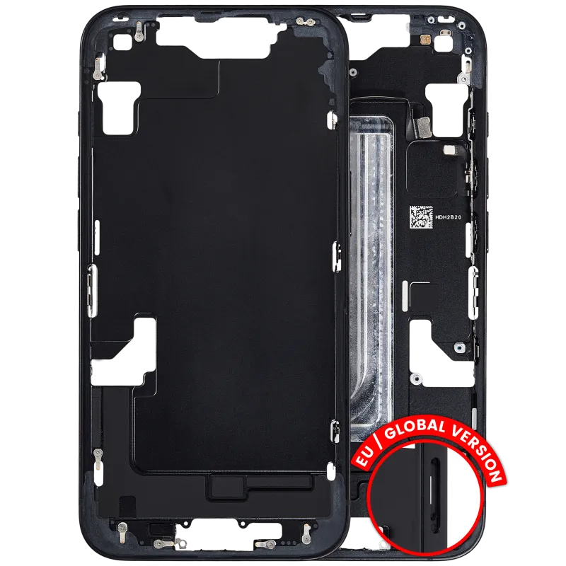 Střední rám (housing) s drobnými díly pro iPhone 16e / 17e (EU verze) (originál z vyřazeného zařízení, stav C) (černá)