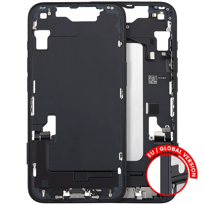 Střední rám (housing) s flexem nabíjecího konektoru a drobnými díly pro iPhone 16e / 17e (EU verze) (originál z vyřazeného zařízení, stav C) (černá)