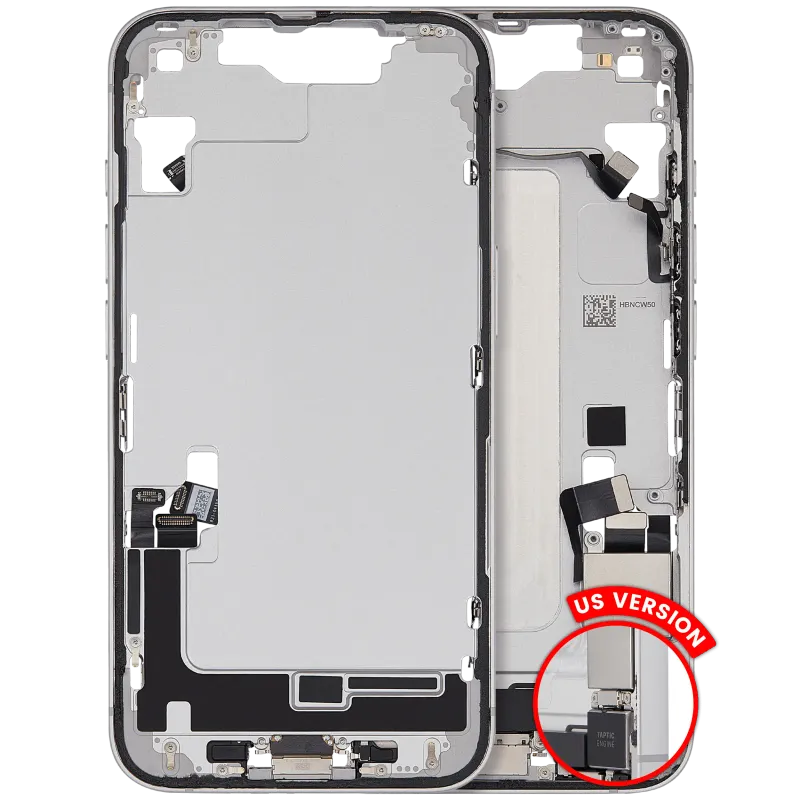 Střední rám (housing) s flexem nabíjecího konektoru a drobnými díly pro iPhone 16e / 17e (US verze) (originál z vyřazeného zařízení, stav B) (bílá)