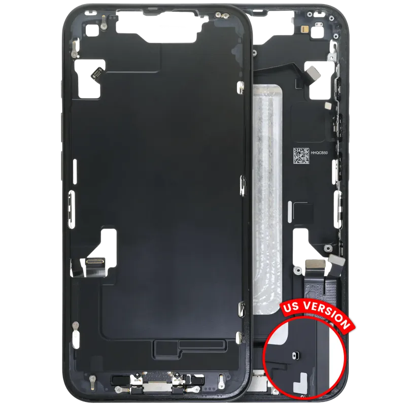 Střední rám (housing) s flexem nabíjecího konektoru a drobnými díly pro iPhone 16e / 17e (US verze) (originál z vyřazeného zařízení, stav B) (černá)
