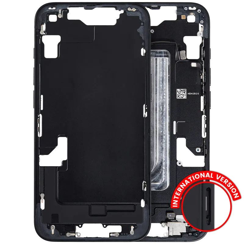 Střední rám (housing) s drobnými díly pro iPhone 16e / 17e (EU verze) (originál z vyřazeného zařízení, stav A) (černá)