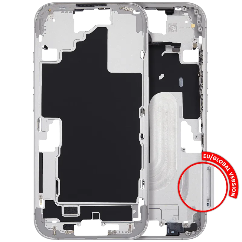 Střední rám (housing) s tlačítky zapínání a hlasitosti pro iPhone 16 (EU verze) (Aftermarket Plus) (bílá)