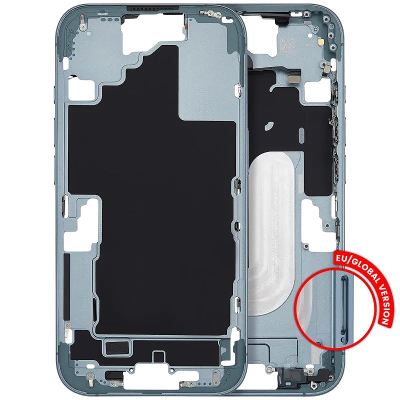 Střední rám (housing) s tlačítky zapínání a hlasitosti pro iPhone 16 (EU verze) (Aftermarket Plus) (modrozelená)