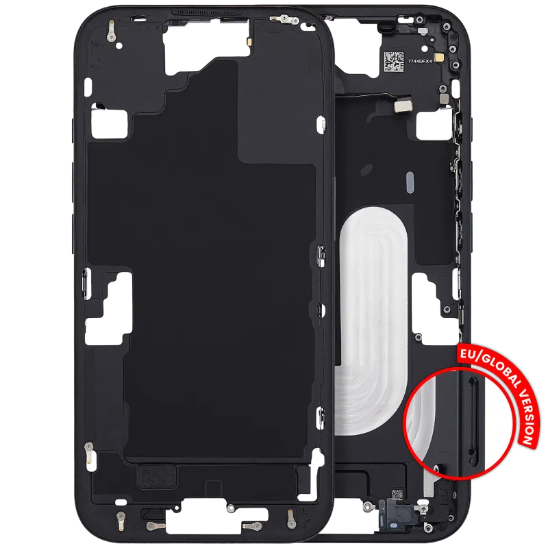 Střední rám (housing) s tlačítky zapínání a hlasitosti pro iPhone 16 (EU verze) (Aftermarket Plus) (černá)
