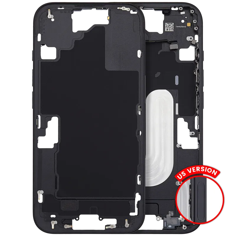 Střední rám (housing) s tlačítky zapínání a hlasitosti pro iPhone 16 (US verze) (Aftermarket Plus) (černá)