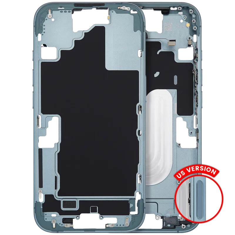 Střední rám (housing) s tlačítky zapínání a hlasitosti pro iPhone 16 (US verze) (Aftermarket Plus) (modrozelená)