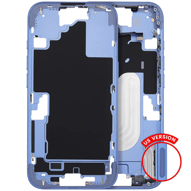Střední rám (housing) s tlačítky zapínání a hlasitosti pro iPhone 16 (US verze) (Aftermarket Plus) (ultramarínová)