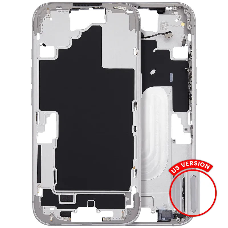 Střední rám (housing) s tlačítky zapínání a hlasitosti pro iPhone 16 (US verze) (Aftermarket Plus) (bílá)