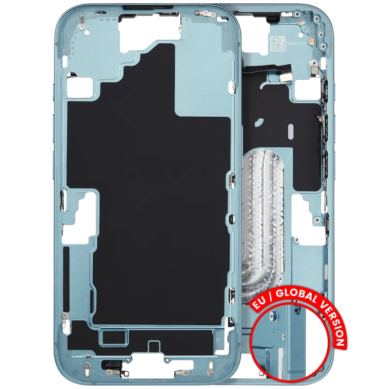 Střední rám (housing) s drobnými díly pro iPhone 16 (EU verze) (originál z vyřazeného zařízení, stav C) (modrozelená)