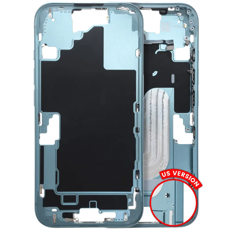 Střední rám (housing) s drobnými díly pro iPhone 16 (US verze) (originál z vyřazeného zařízení, stav C) (modrozelená)