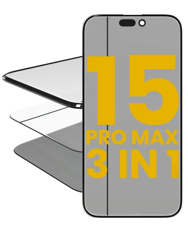 3v1 (sklo s předinstalovanou OCA + polarizační fólie) pro iPhone 15 Pro Max (OCA Master) (balení 2 ks)