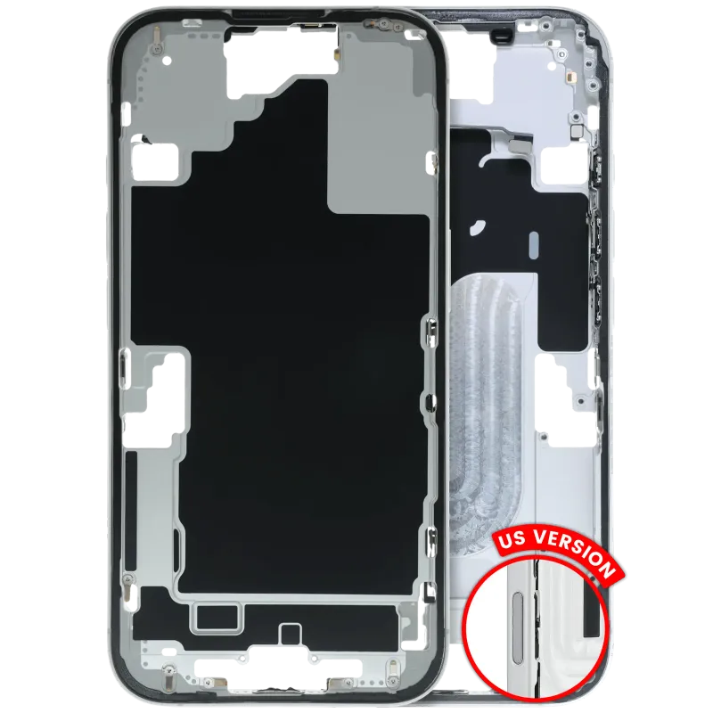 Střední rám (housing) s drobnými díly pro iPhone 16 (US verze) (originál z vyřazeného zařízení, stav C) (bílá)