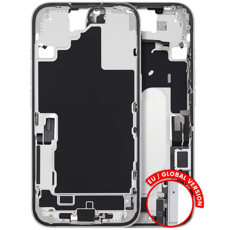 Střední rám (housing) s flexem nabíjecího konektoru a drobnými díly pro iPhone 16 (EU verze) (originál z vyřazeného zařízení, stav C) (bílá)