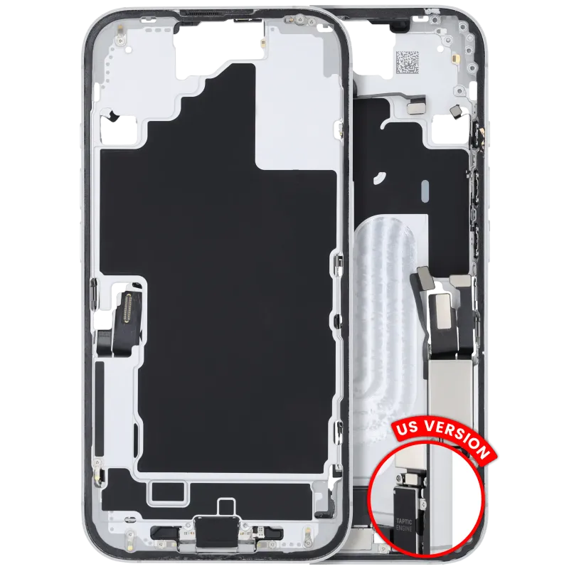 Střední rám (housing) s flexem nabíjecího konektoru a drobnými díly pro iPhone 16 (US verze) (originál z vyřazeného zařízení, stav C) (bílá)