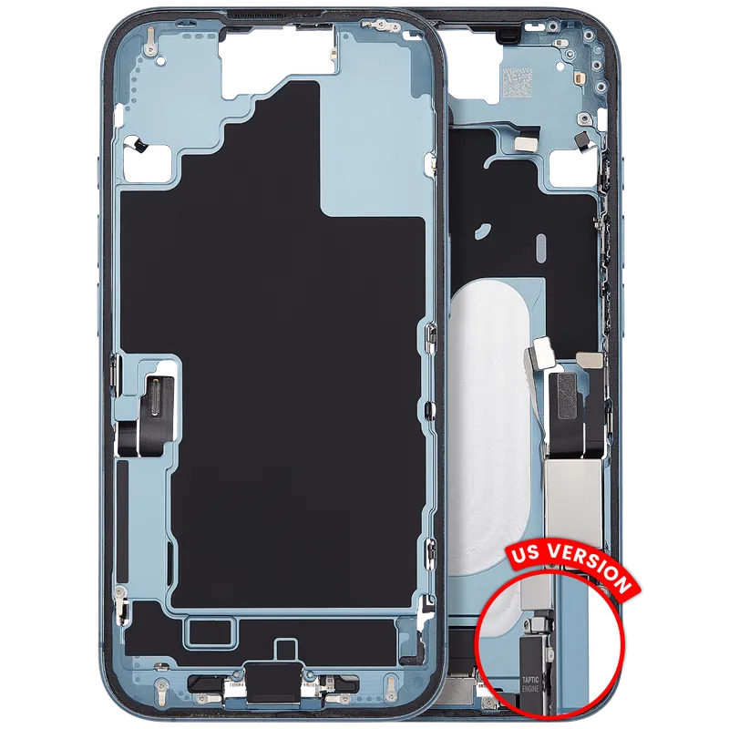 Střední rám (housing) s flexem nabíjecího konektoru a drobnými díly pro iPhone 16 (US verze) (originál z vyřazeného zařízení, stav C) (modrozelená)