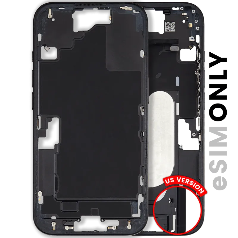 Střední rám (housing) s drobnými díly pro iPhone 16 (US verze) (originál z vyřazeného zařízení, stav B) (černá)