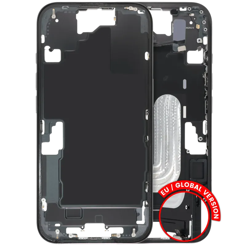 Střední rám (housing) s drobnými díly pro iPhone 16 (EU verze) (originál z vyřazeného zařízení, stav B) (černá)