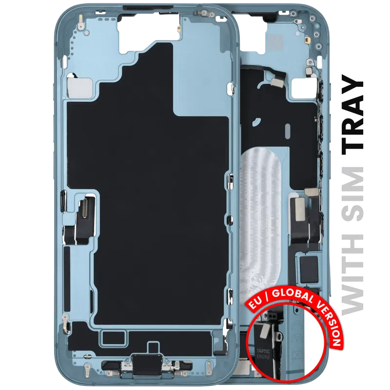 Střední rám (housing) s flexem nabíjecího konektoru a drobnými díly pro iPhone 16 (EU verze) (originál z vyřazeného zařízení, stav B) (modrozelená)