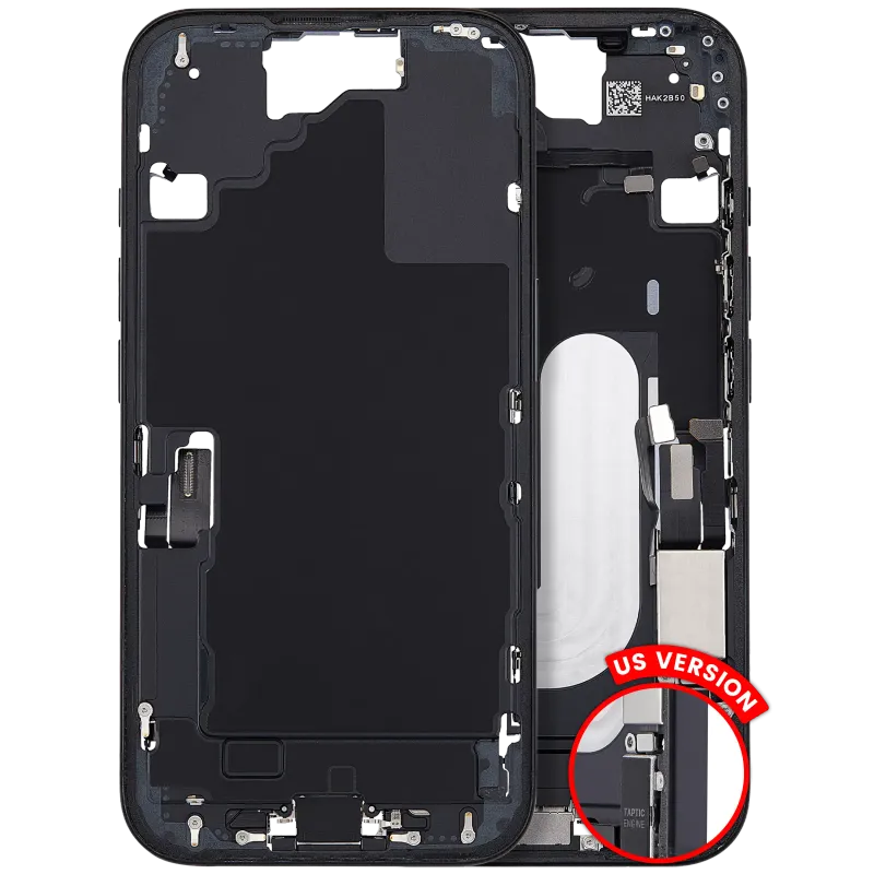 Střední rám (housing) s flexem nabíjecího konektoru a drobnými díly pro iPhone 16 (US verze) (originál z vyřazeného zařízení, stav B) (černá)