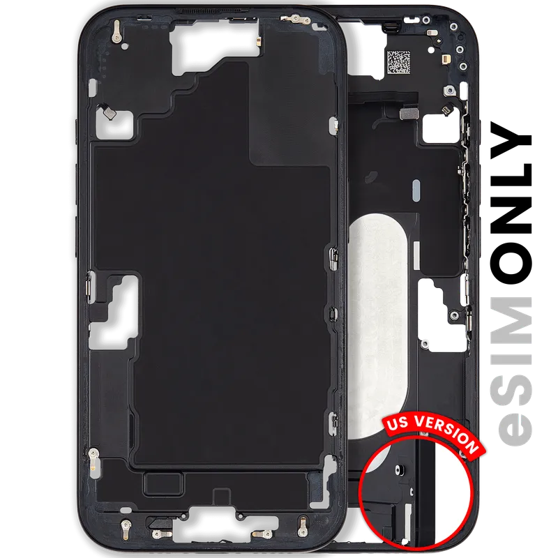 Střední rám (housing) s drobnými díly pro iPhone 16 (US verze) (originál z vyřazeného zařízení, stav A) (černá)