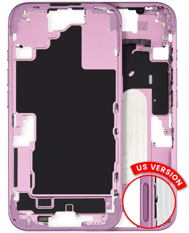 Střední rám (housing) s drobnými díly pro iPhone 16 (US verze) (originál z vyřazeného zařízení, stav A) (růžová)