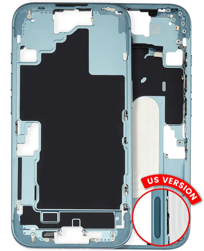 Střední rám (housing) s drobnými díly pro iPhone 16 (US verze) (originál z vyřazeného zařízení, stav A) (modrozelená)